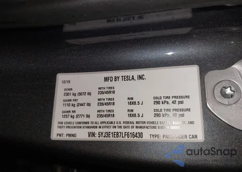 2020 Tesla Model 3 Long Range Dual Motor All-Wheel Drive из США, поврежденный, VIN 5YJ3E1EB7LF616430